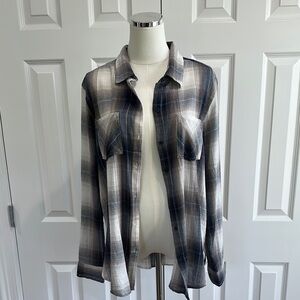 NWT Lucky Brand COTON Blend Blue Brown White Button Down Plaid Shirt , Size M
